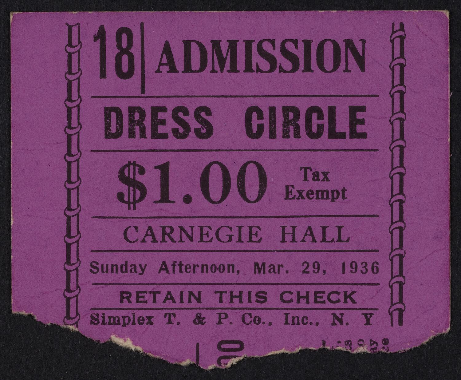 Ticket for Philharmonic-Symphony Society of New York, March 29, 1936 (front)
