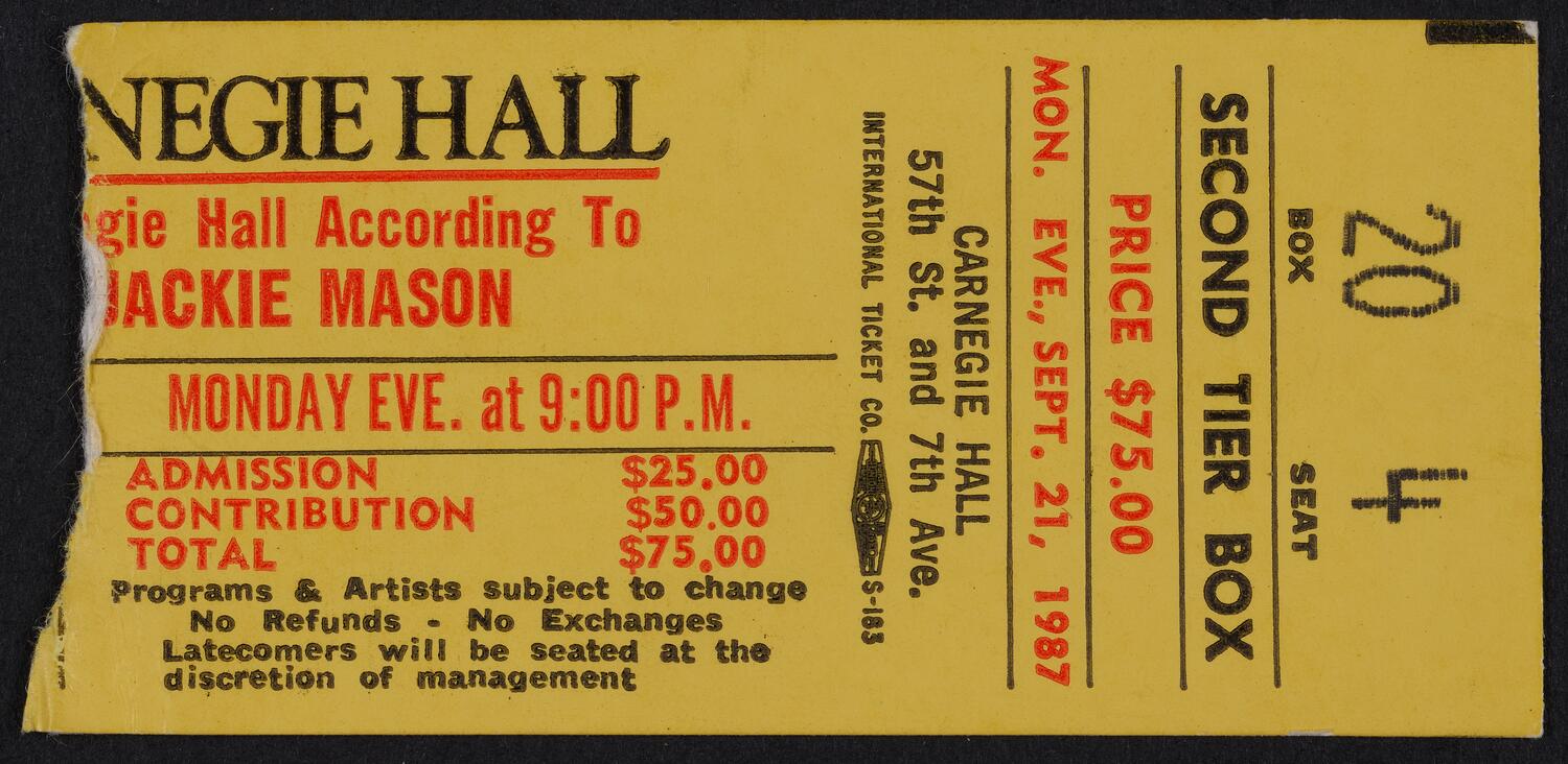 Ticket for Carnegie Hall According to Jackie Mason, September 21, 1987 (front)