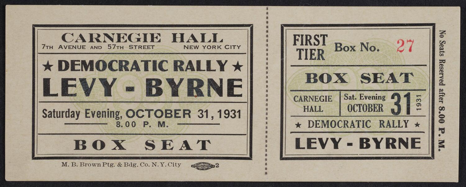 Ticket for Democratic County Committee Rally, October 31, 1931 (front)