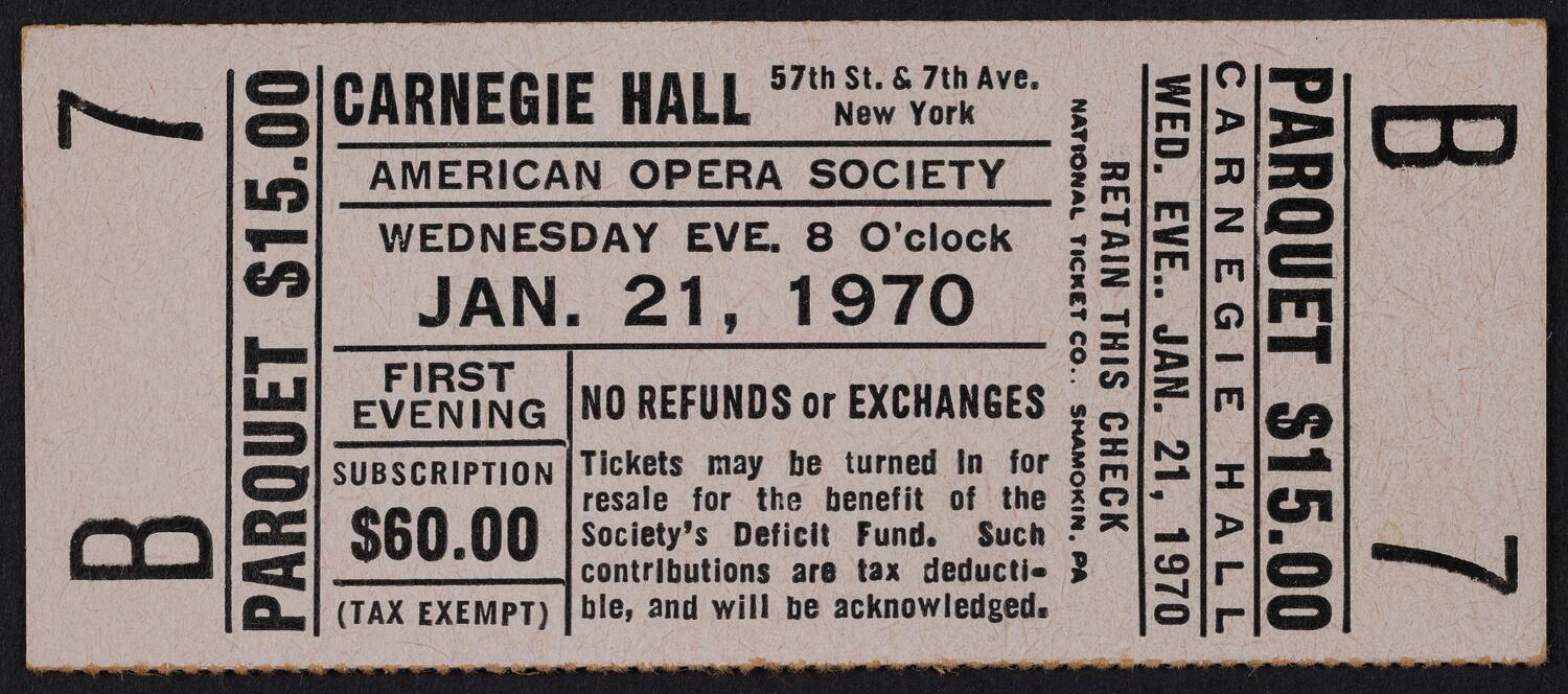 Ticket for American Opera Society, January 21, 1970 (front)