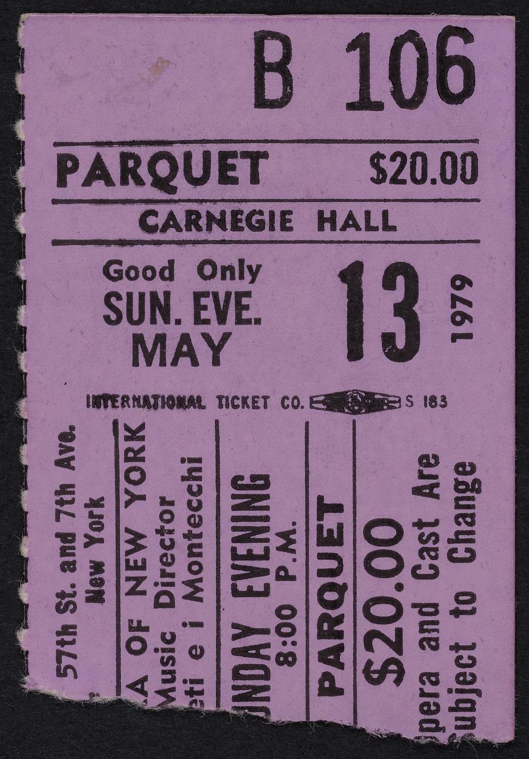 Ticket for Opera Orchestra of New York, May 13, 1979 (front)