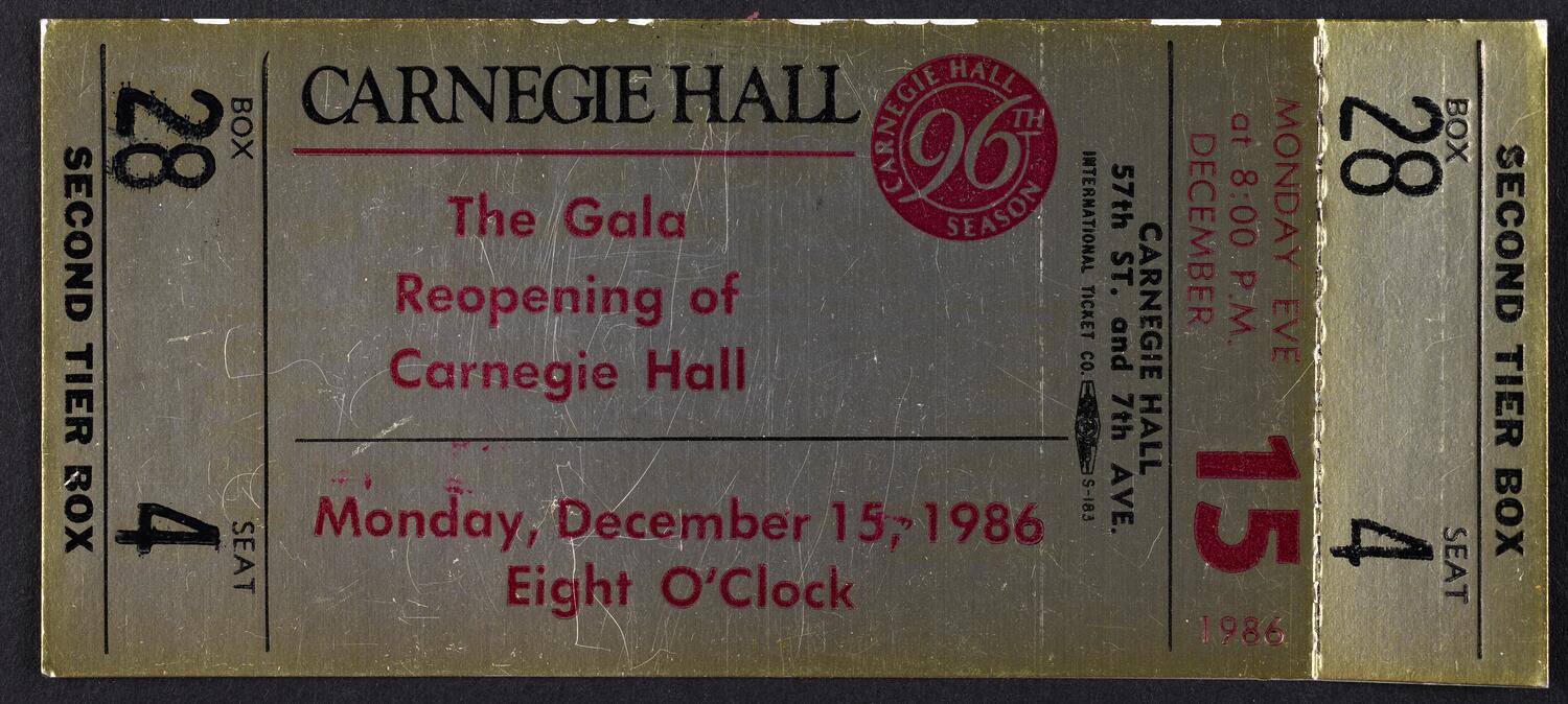 Ticket for the Gala Reopening of Carnegie Hall, December 15, 1986 (front)