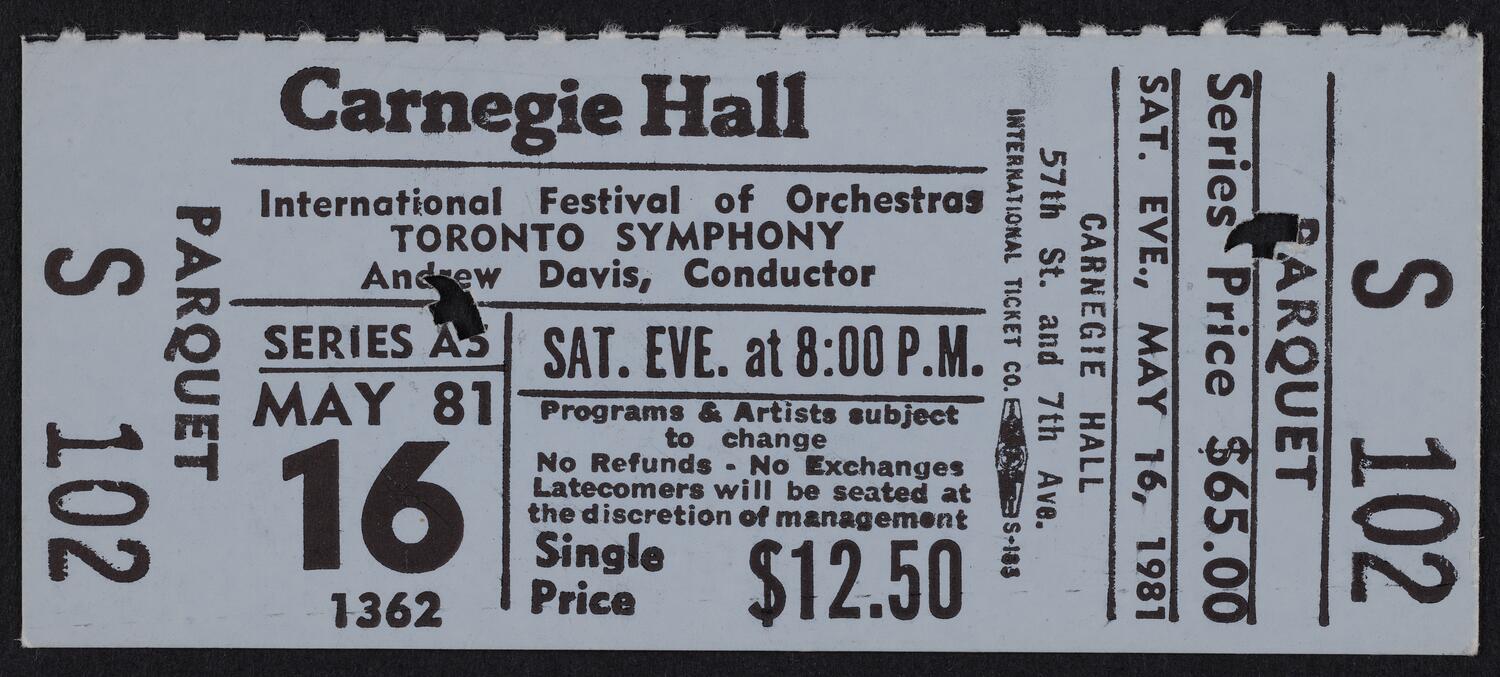 Ticket for Toronto Symphony Orchestra, May 16, 1981 (front)