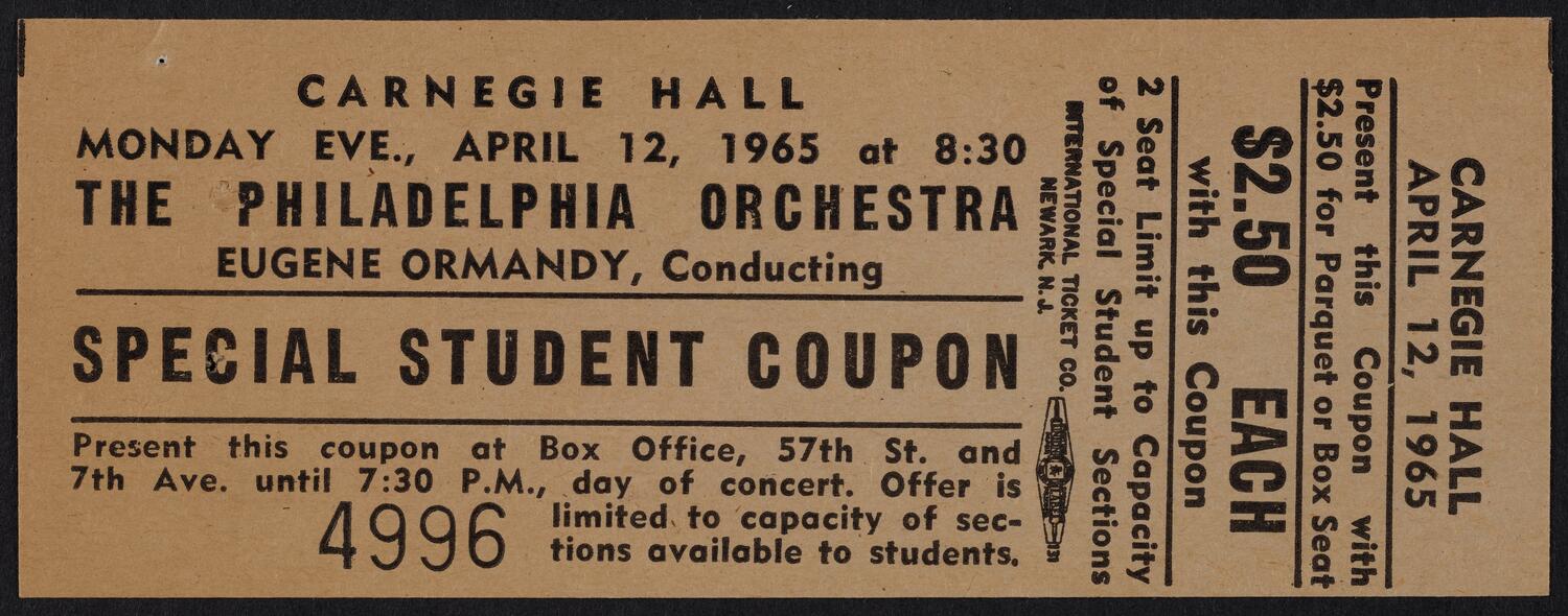 Ticket for the Philadelphia Orchestra, April 12, 1965 (front)