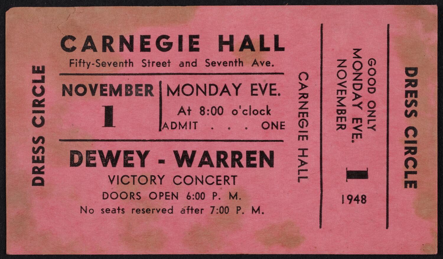 Ticket for Dewey-Warren Victory Concert, November 1, 1948 (front)