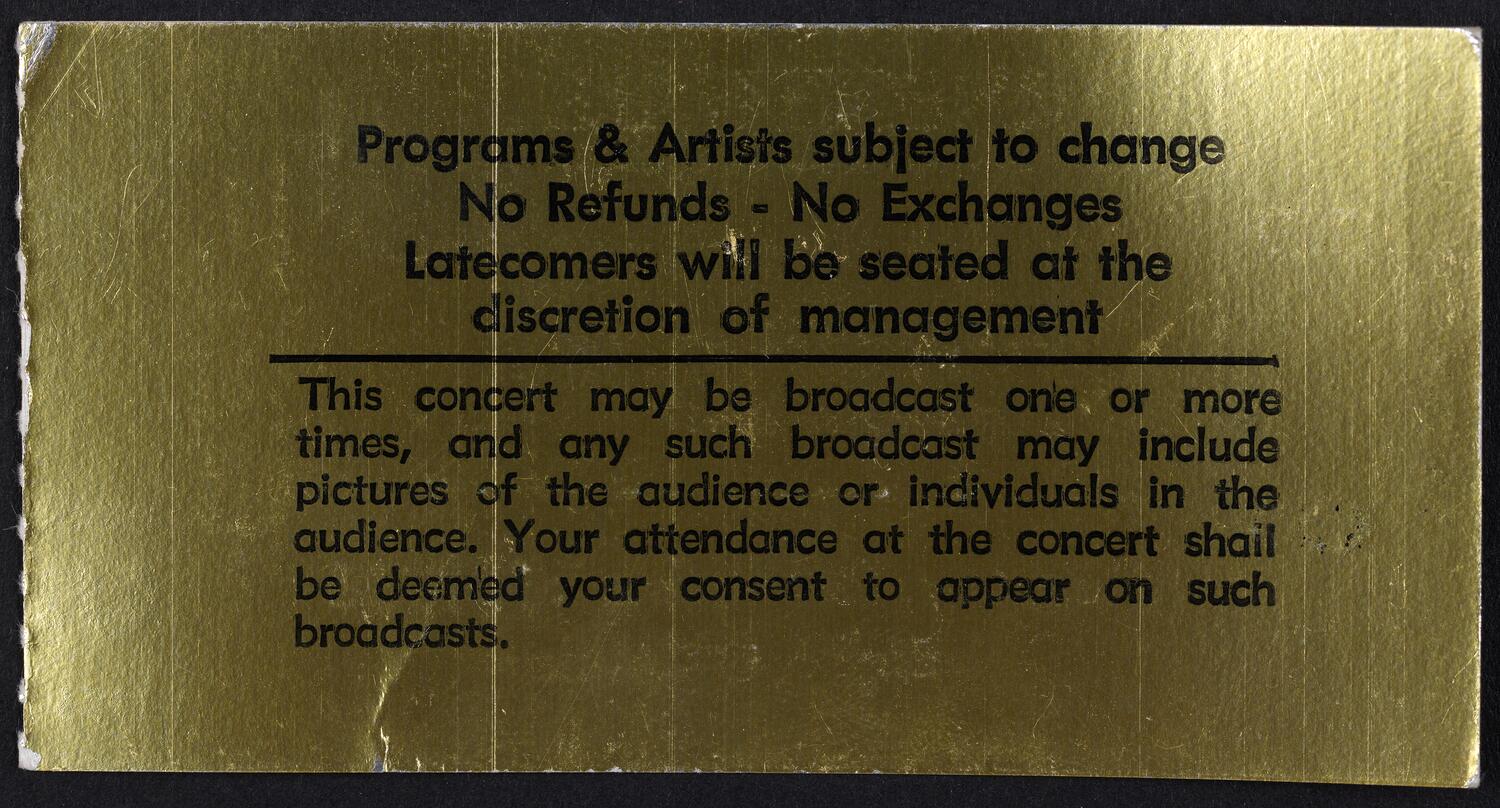 Ticket for The Gala Reopening of Carnegie Hall, December 15, 1986 (back)