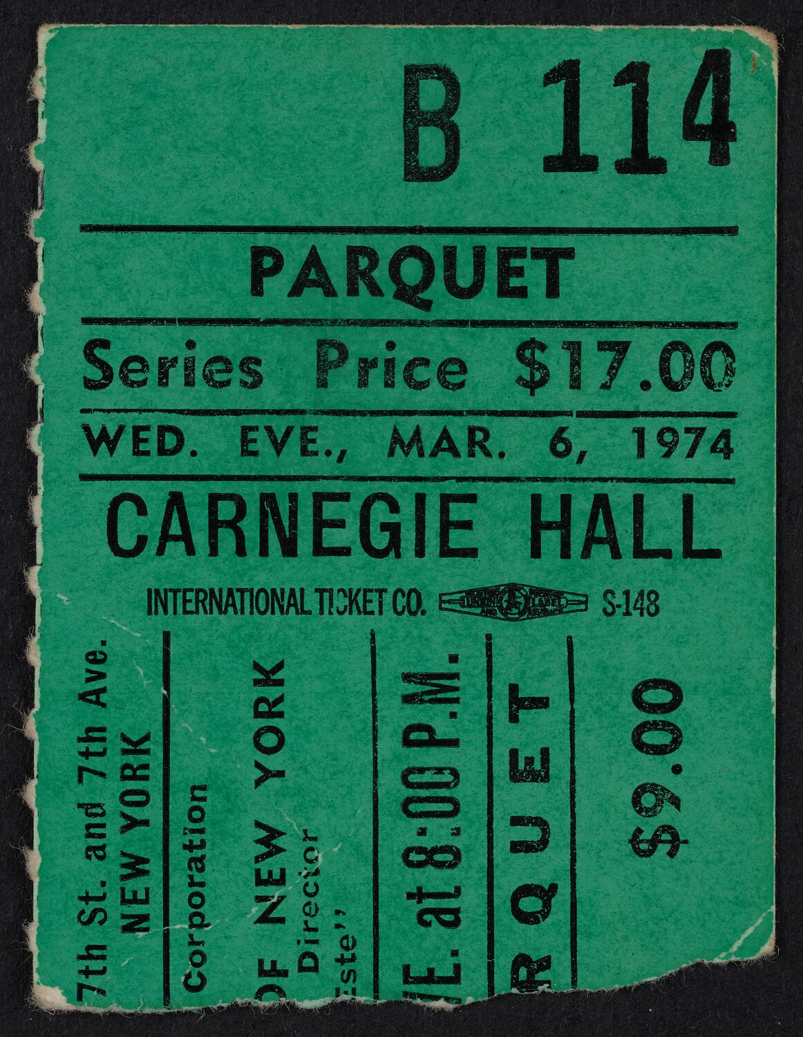 Ticket for Opera Orchestra of New York, March 6, 1974 (front)