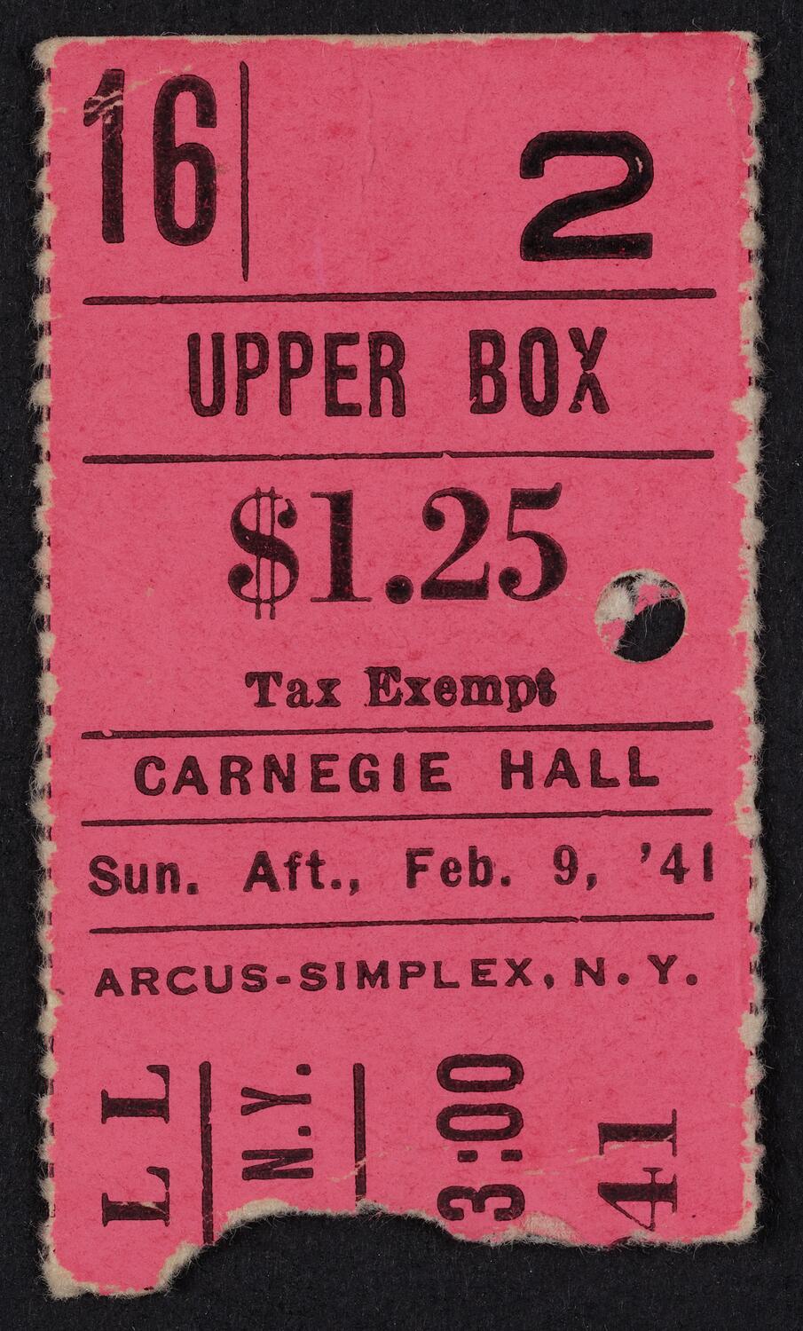 Ticket for Philharmonic-Symphony Society of New York, February 9, 1941 (front)