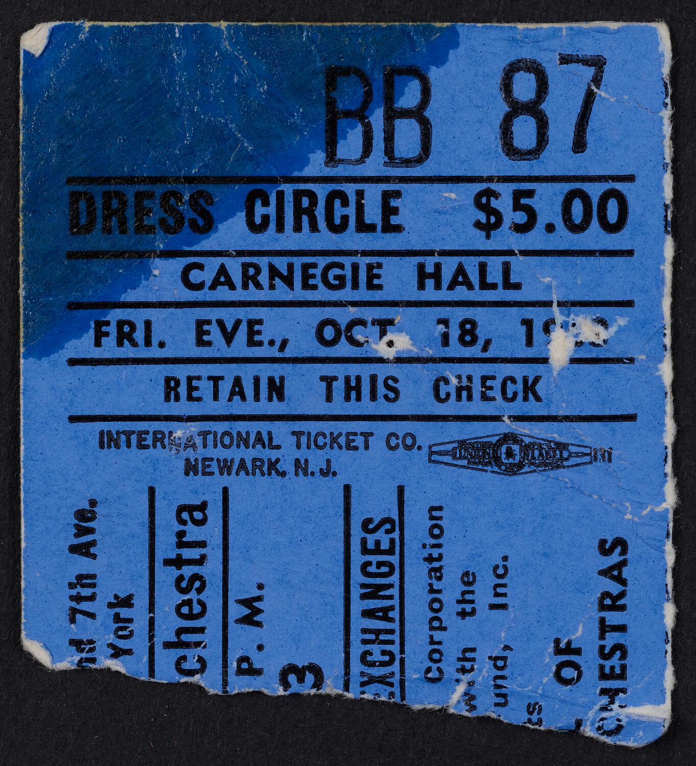 Ticket for Royal Philharmonic Orchestra, October 18, 1963 (front)