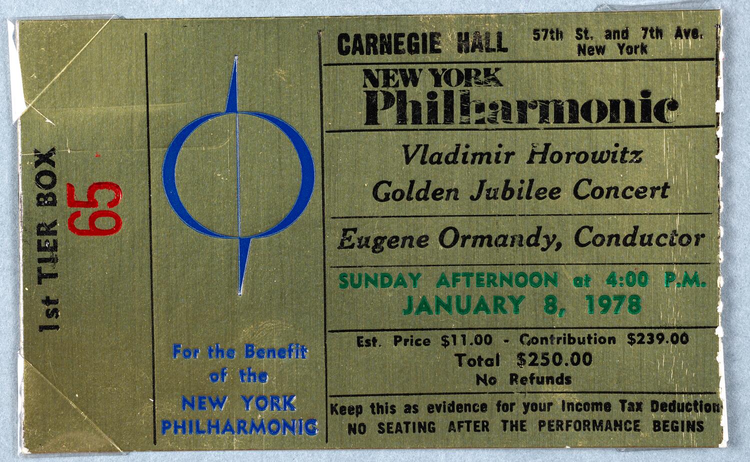Ticket for New York Philharmonic: Vladimir Horowitz Golden Jubilee Concert, January 8, 1978 (front)