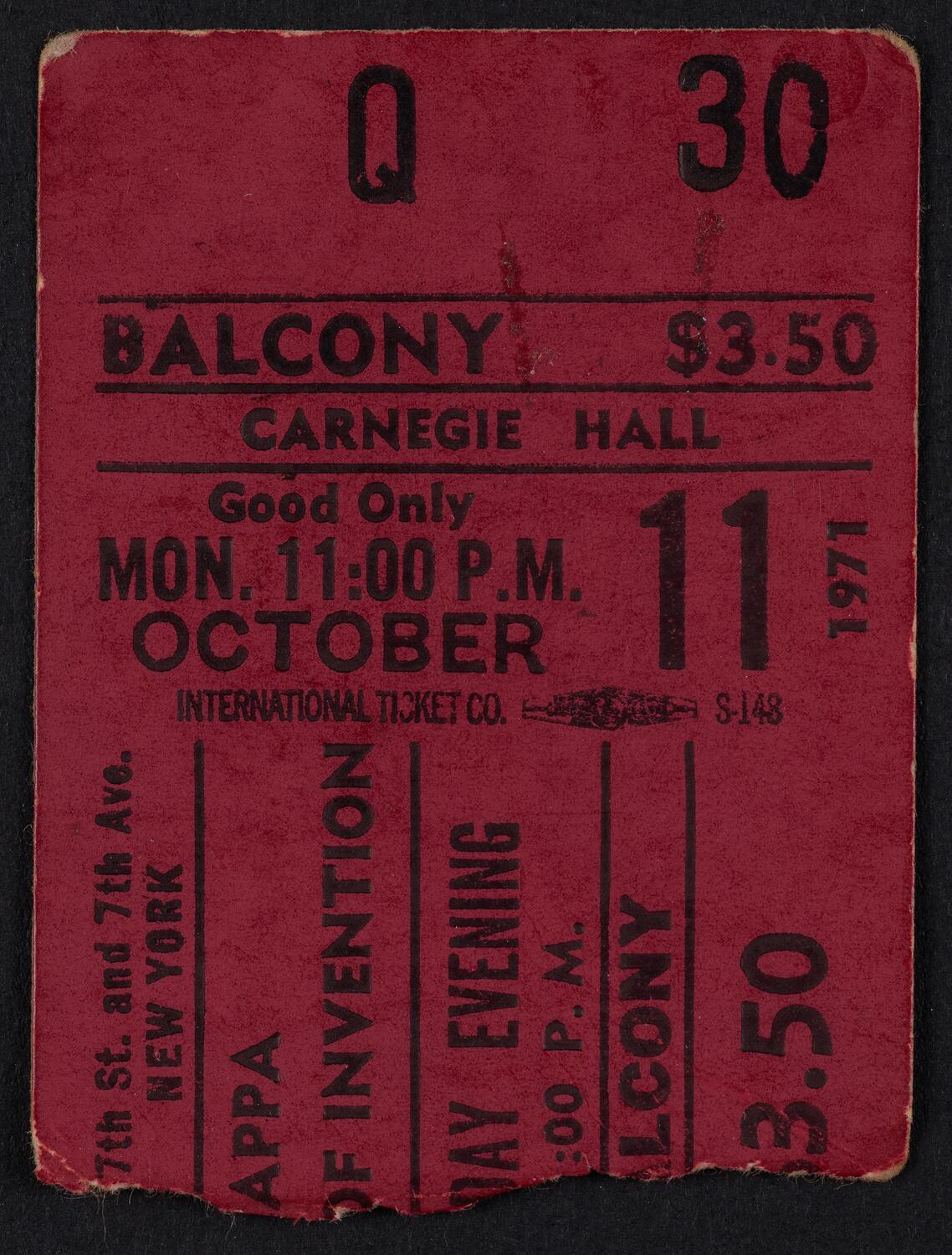 Ticket for Frank Zappa and The Mothers of Invention, October 11, 1971 (front)