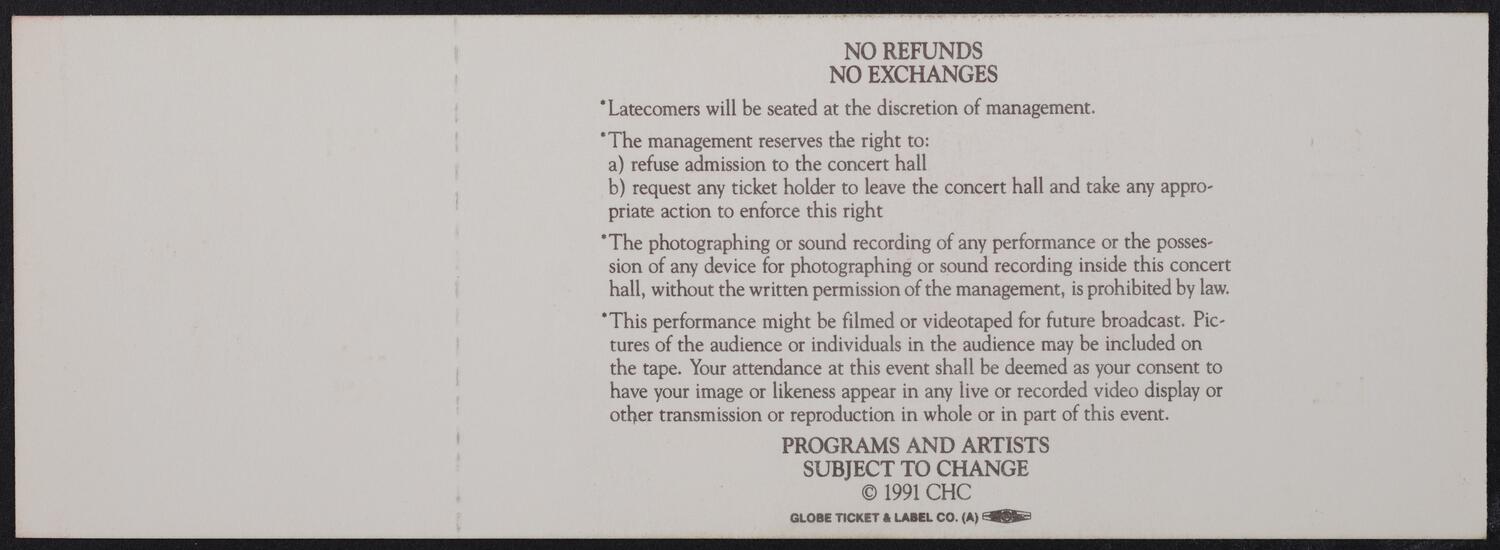 Ticket for the Carnegie Hall Centennial Gala, May 5, 1991 (back)
