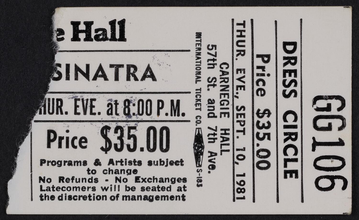 Ticket for Frank Sinatra, September 10, 1981 (front)