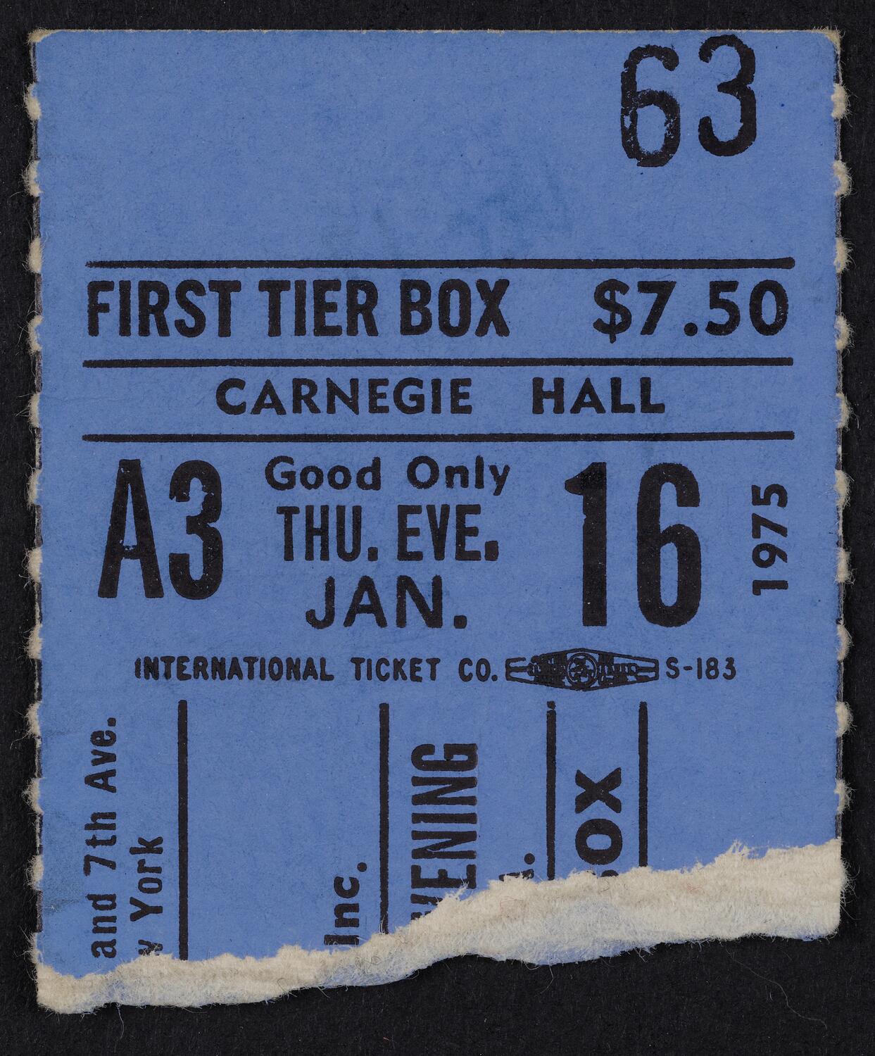 Ticket for Janet Baker, January 16, 1975 (front)