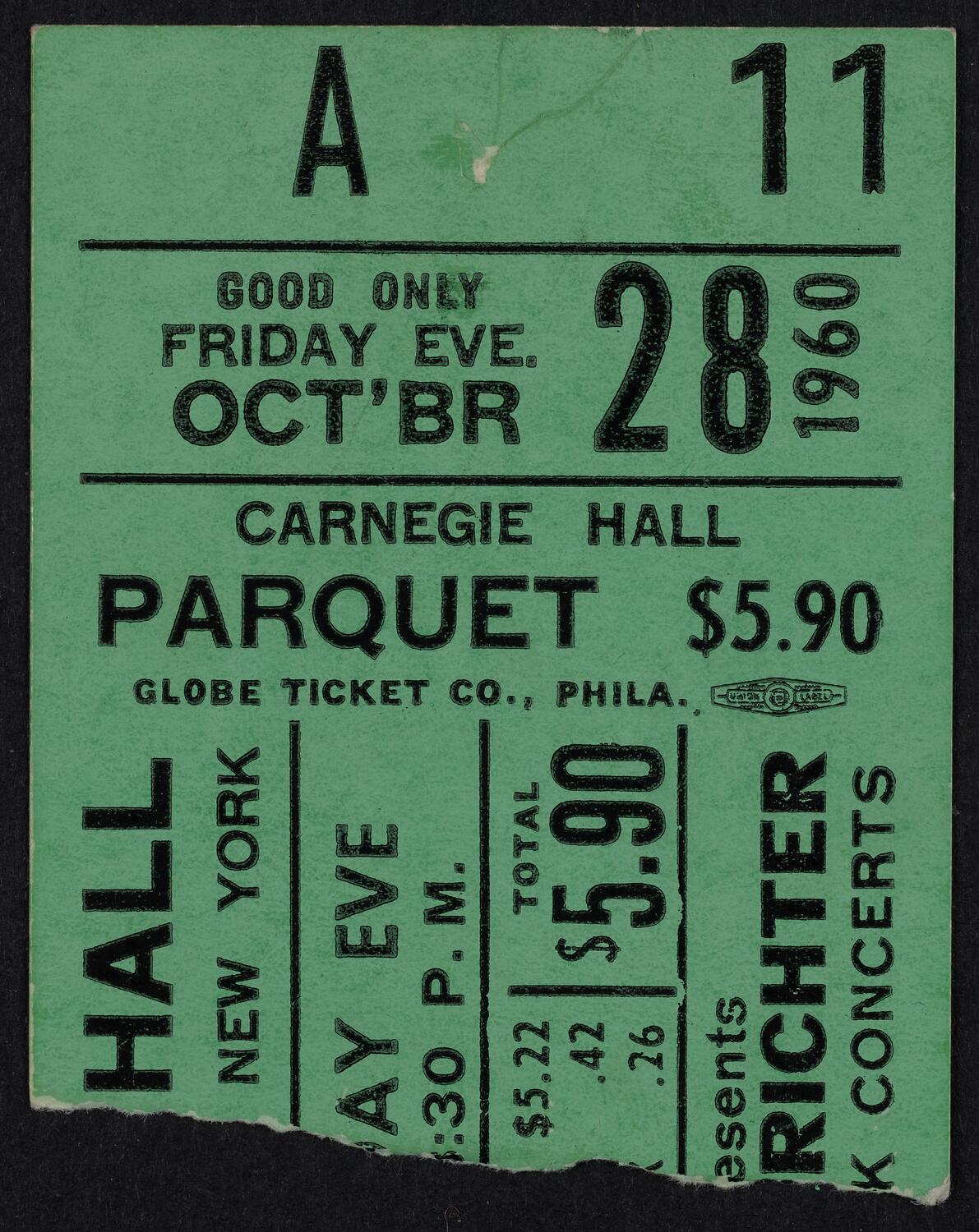 Ticket for Sviatoslav Richter, October 28, 1960 (front)
