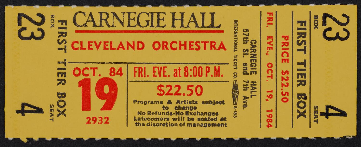 Ticket for the Cleveland Orchestra, October 19, 1984 (front)