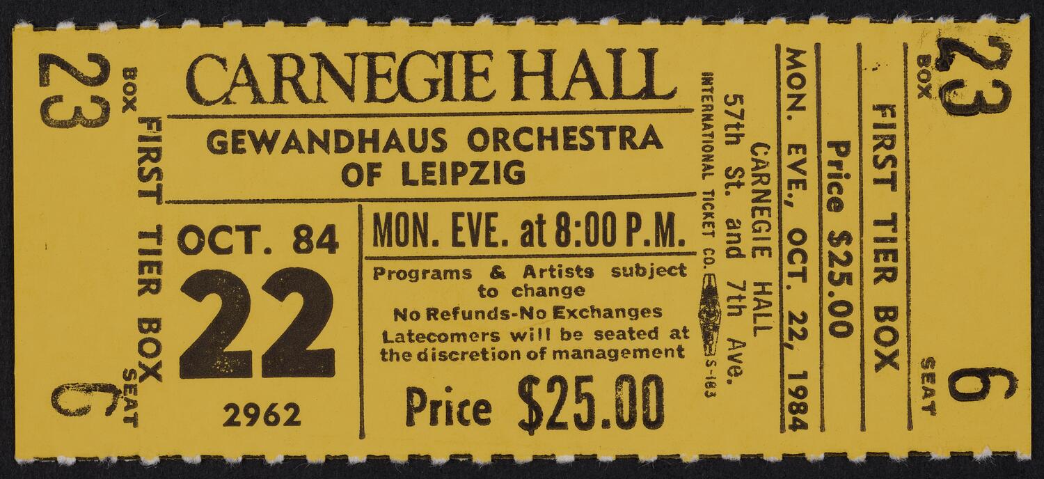Ticket for Gewandhaus Orchestra of Leipzig, October 22, 1984 (front)
