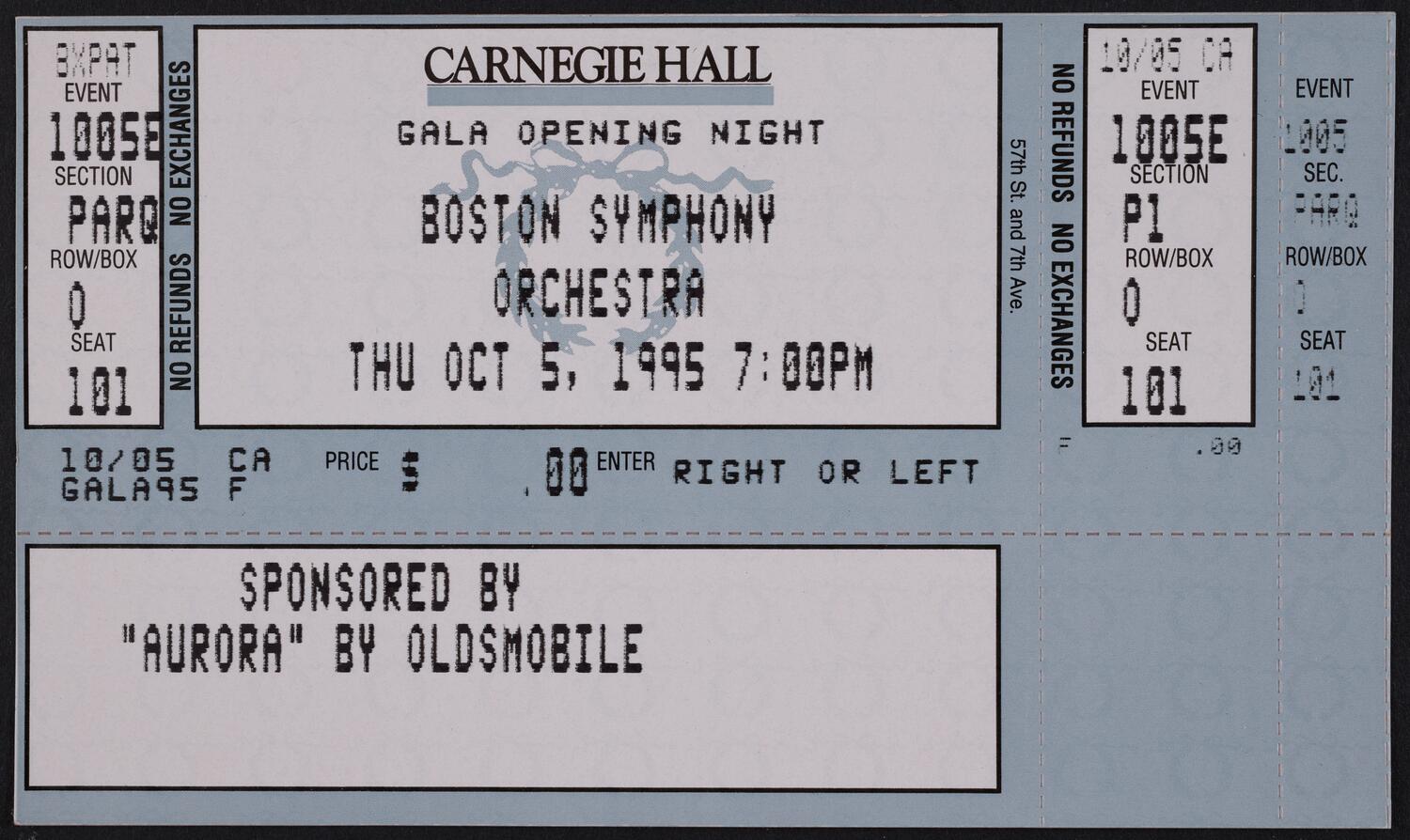 Ticket for Gala Opening Night: Boston Symphony Orchestra, October 5, 1995 (front)
