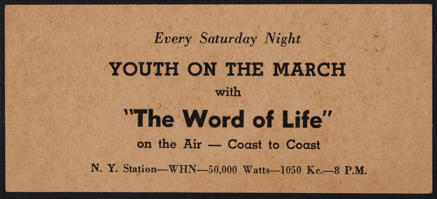 Ticket for Youth on the March with "The Word of Life," August 4, 1945 (front)