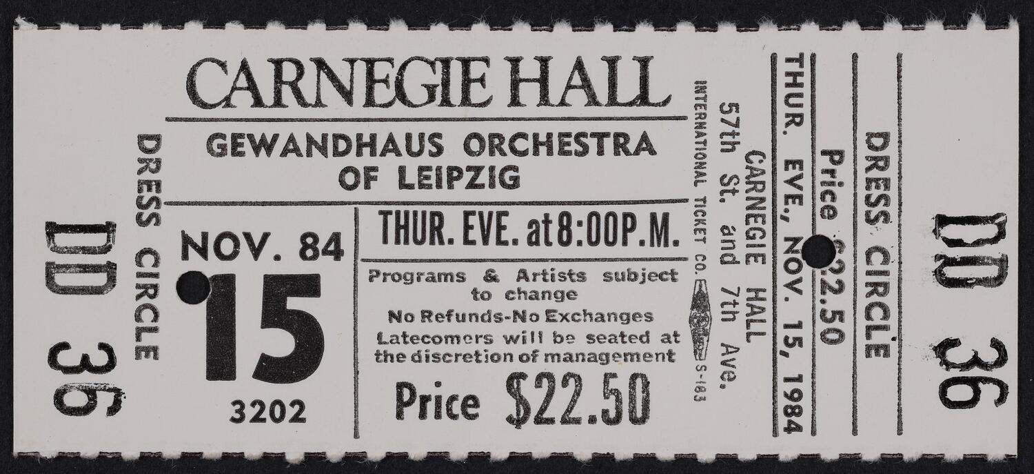 Ticket for Gewandhaus Orchestra of Leipzig, November 15, 1984 (front)