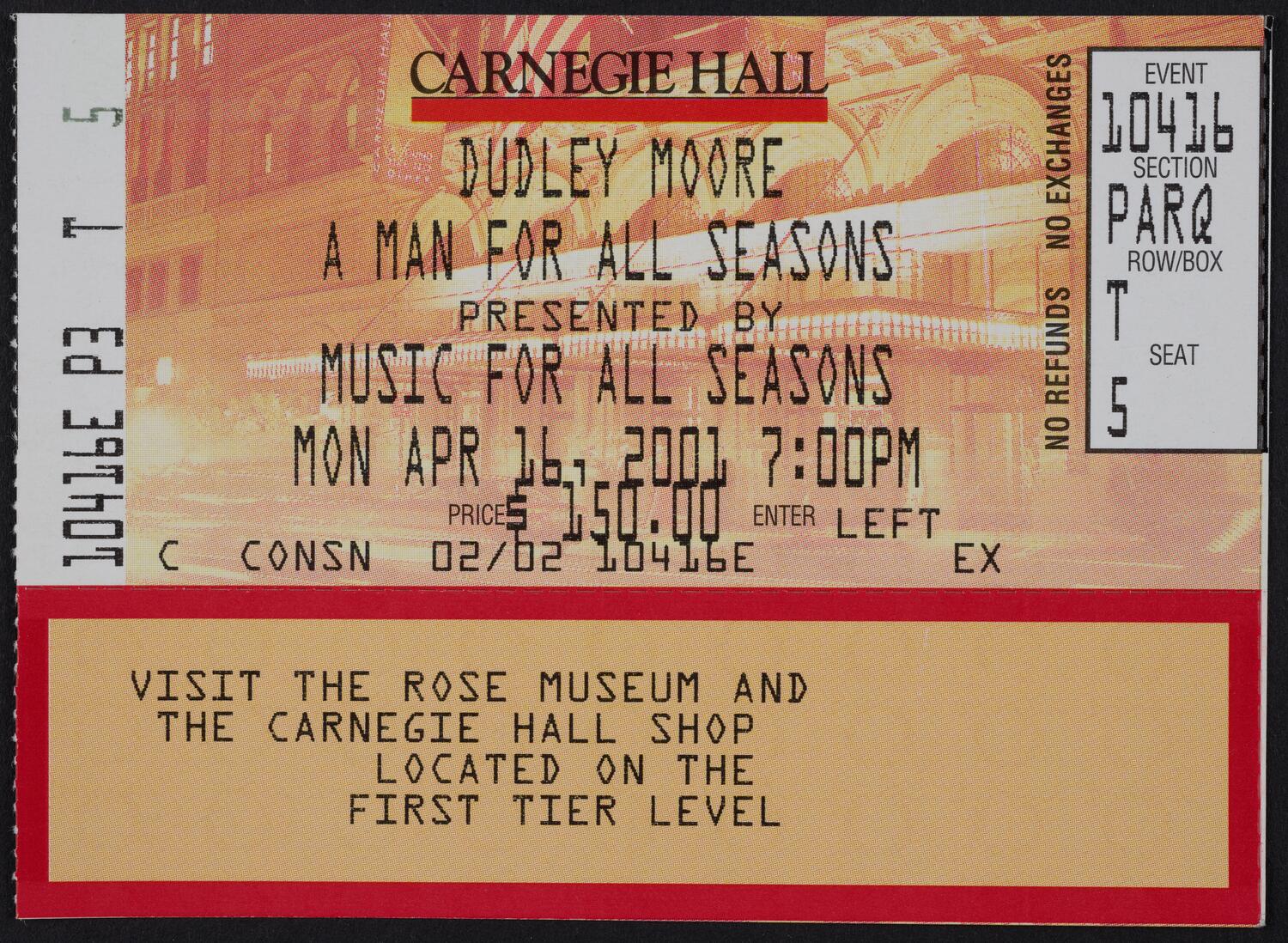 Ticket for Dudley Moore: A Man for All Seasons, April 16, 2001 (front)
