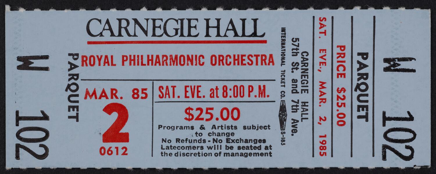 Ticket for Royal Philharmonic Orchestra, March 2, 1985 (front)