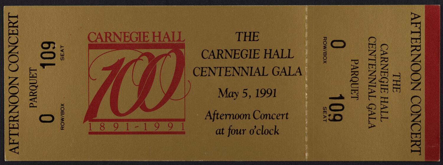 Ticket for the Carnegie Hall Centennial Gala, May 5, 1991 (front)