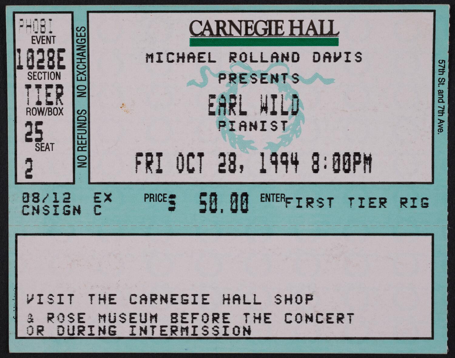 Ticket for Earl Wild, October 28, 1994 (front)