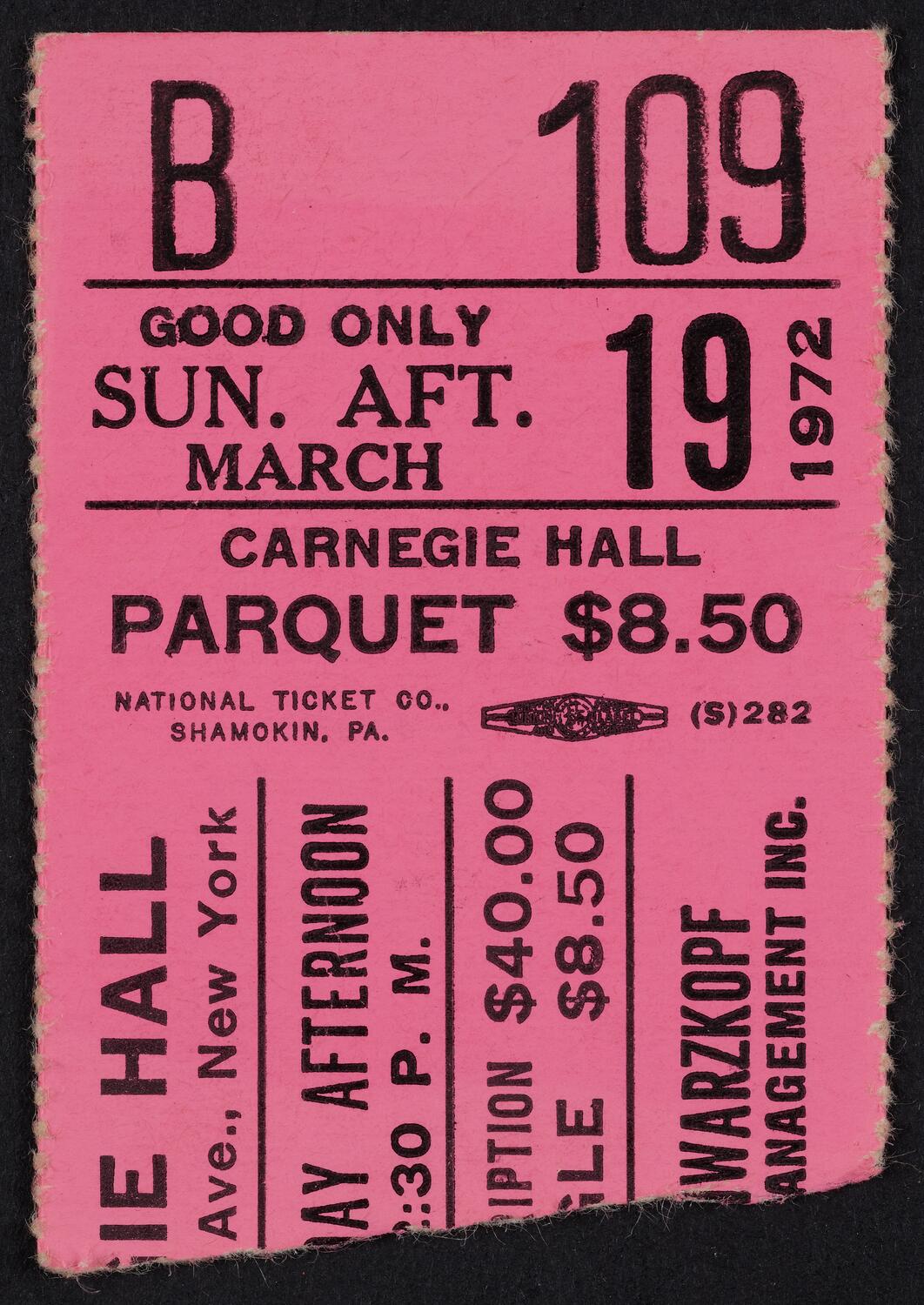 Ticket for Elisabeth Schwarzkopf, March 19, 1972 (front)