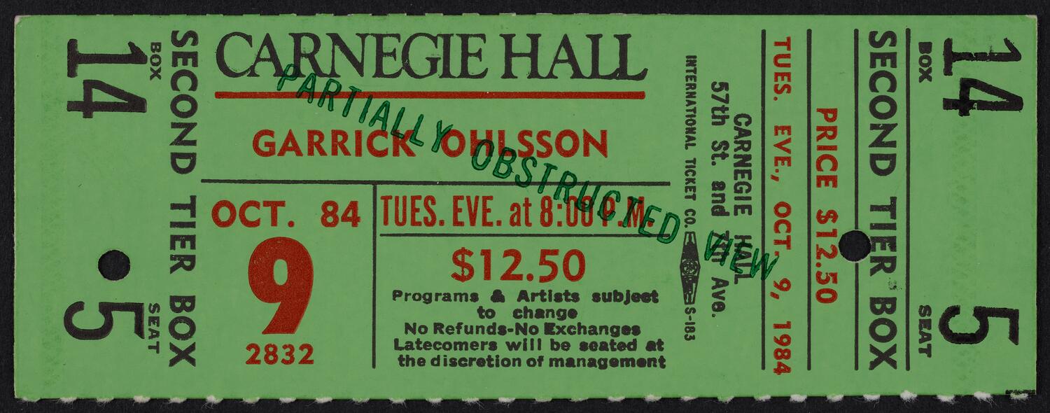 Ticket for Garrick Ohlsson, October 9, 1984 (front)