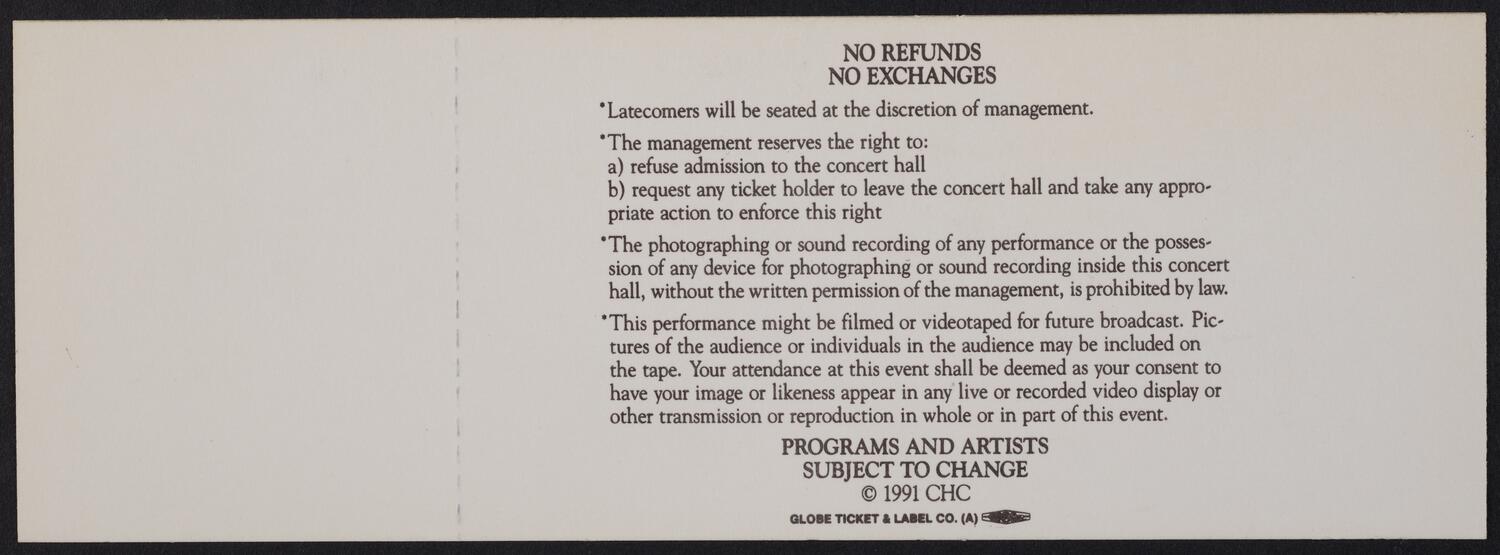 Ticket for the Carnegie Hall Centennial Gala, May 5, 1991 (back)