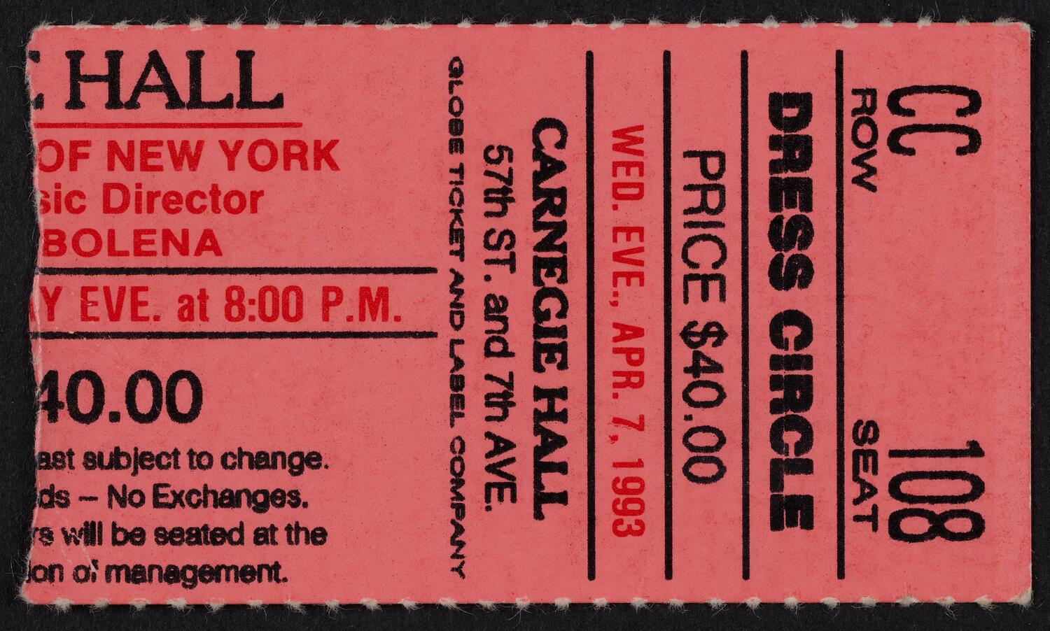 Ticket for Opera Orchestra of New York, April 7, 1993 (front)