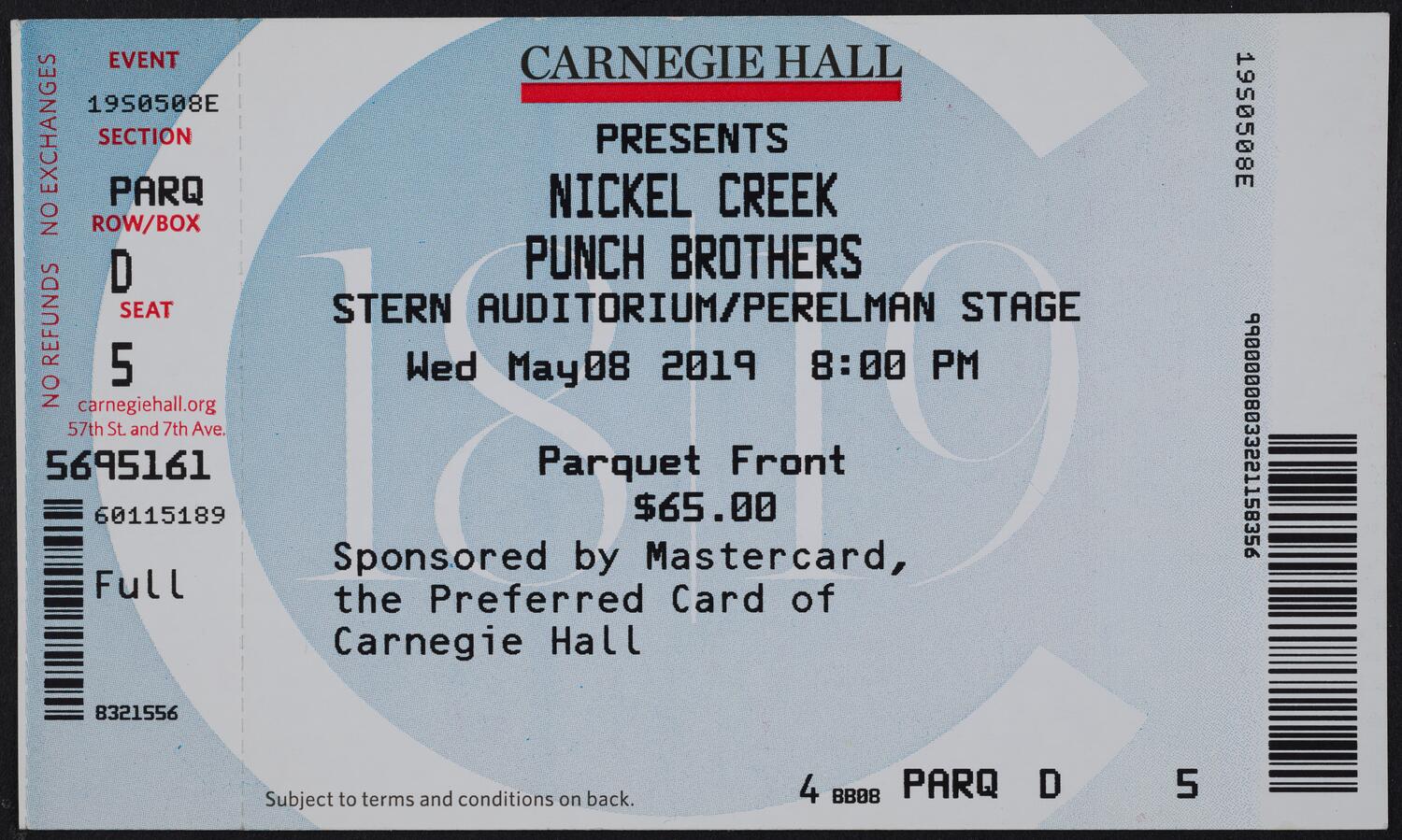 Ticket for Nickel Creek and Punch Brothers, May 8, 2019 (front)