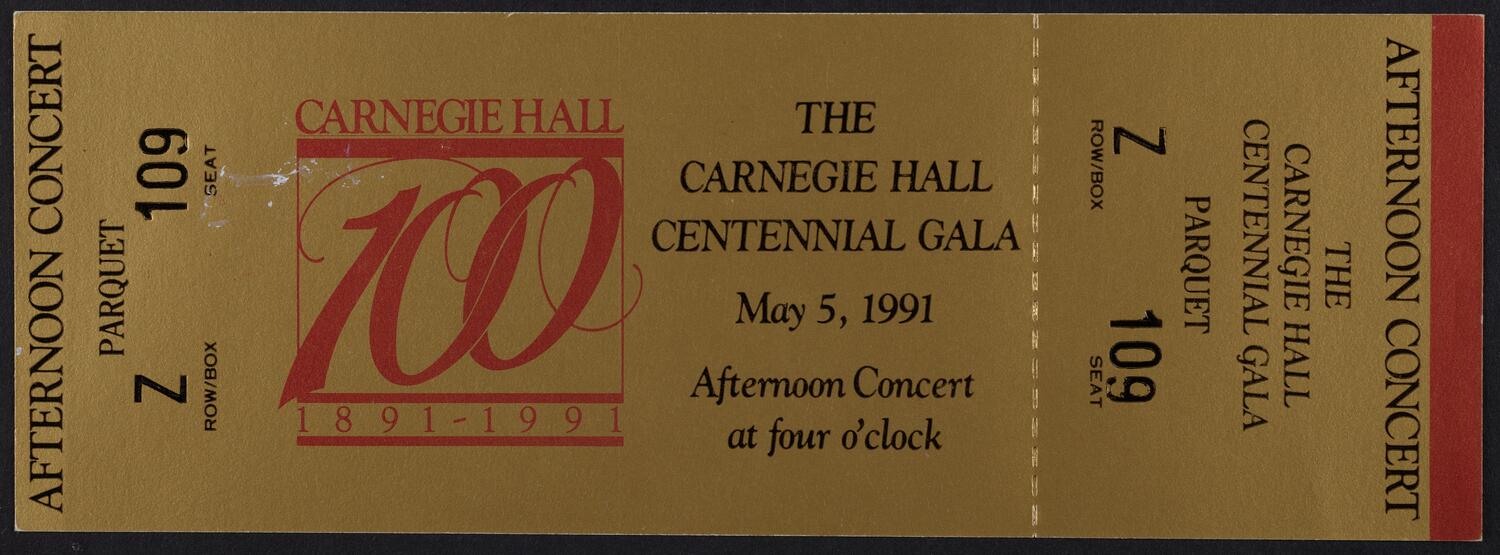 Ticket for the Carnegie Hall Centennial Gala, May 5, 1991 (front)