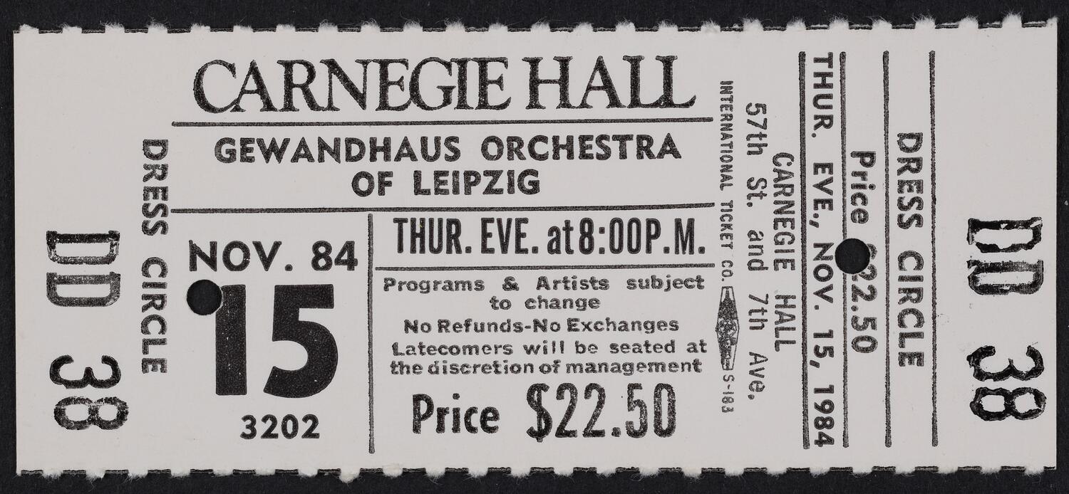 Ticket for Gewandhaus Orchestra of Leipzig, November 15, 1984 (front)