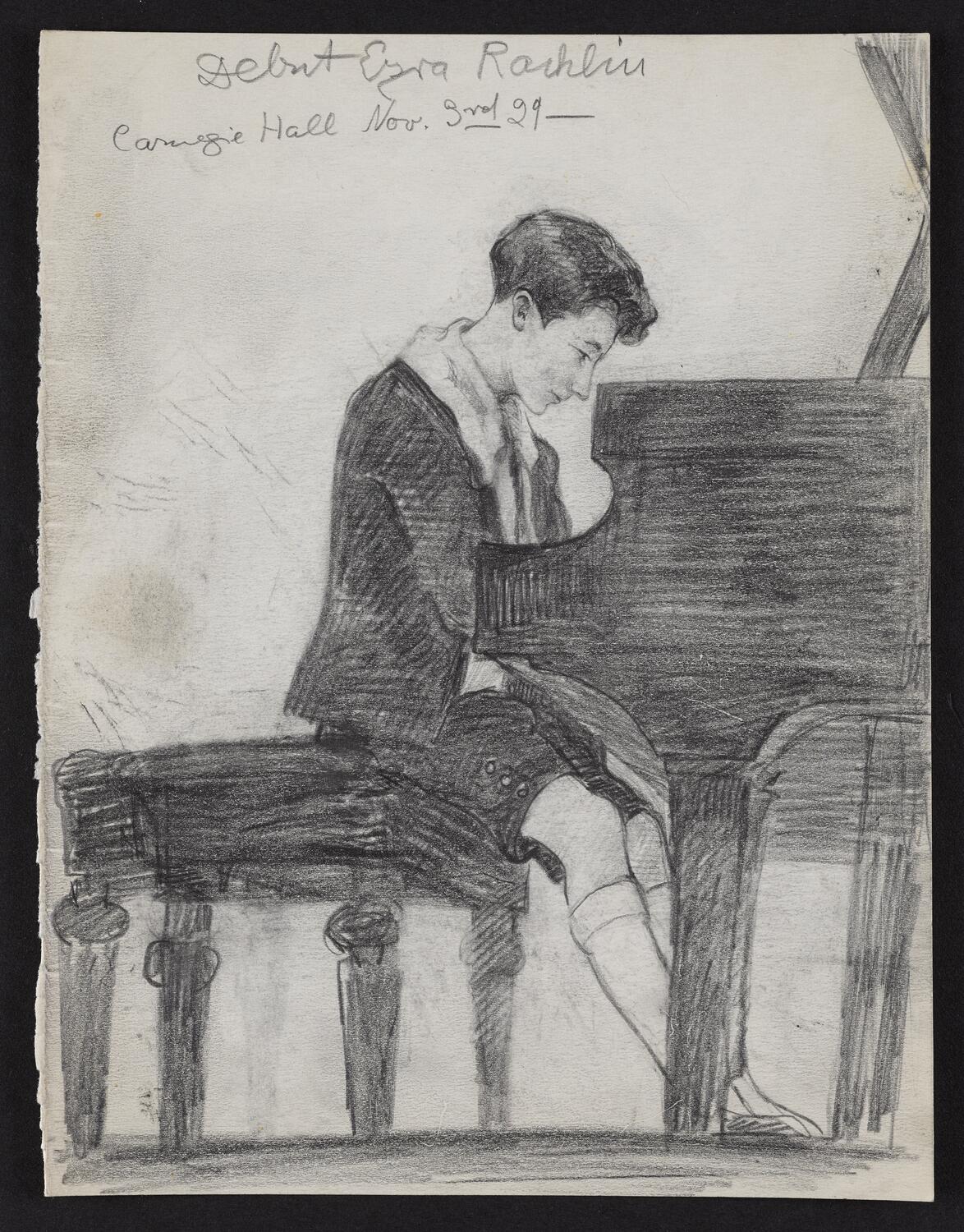 Sketch of Ezra Rachlin playing the piano, in profile facing right