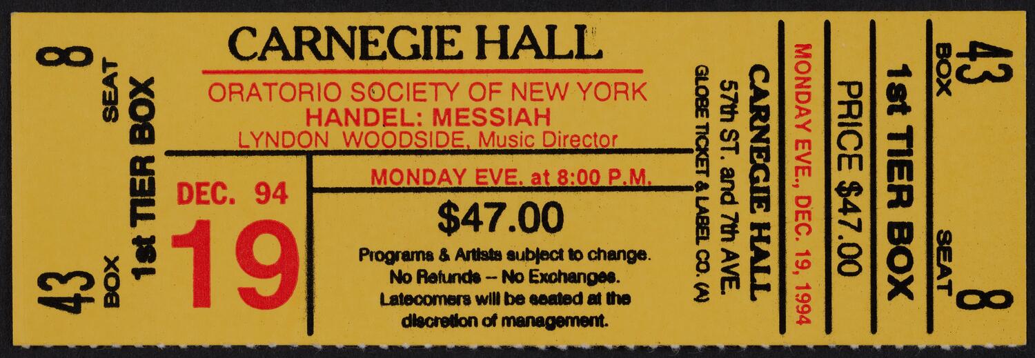 Ticket for Oratorio Society of New York: Handel's Messiah, December 19, 1994 (front)