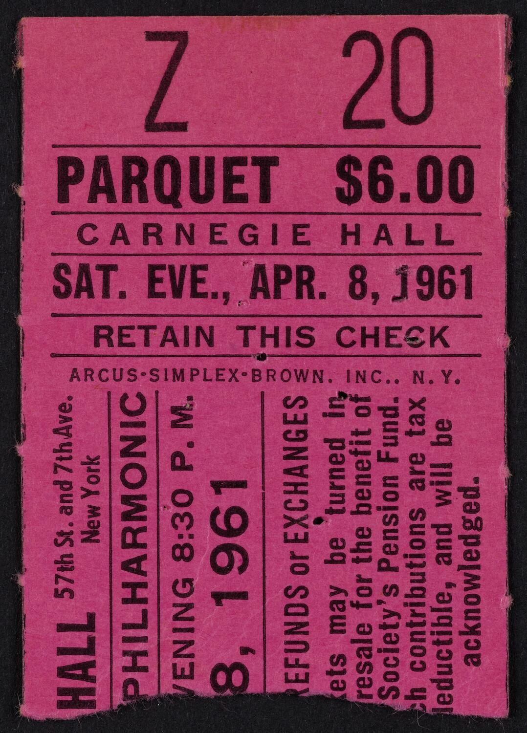 Ticket for New York Philharmonic, April 8, 1961 (front)