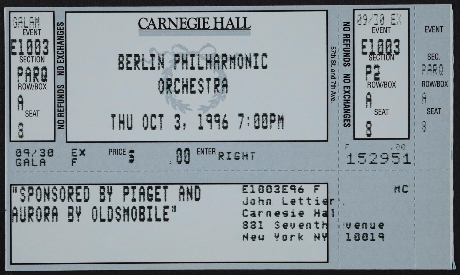 Ticket for Berlin Philharmonic Orchestra, October 3, 1996 (front)