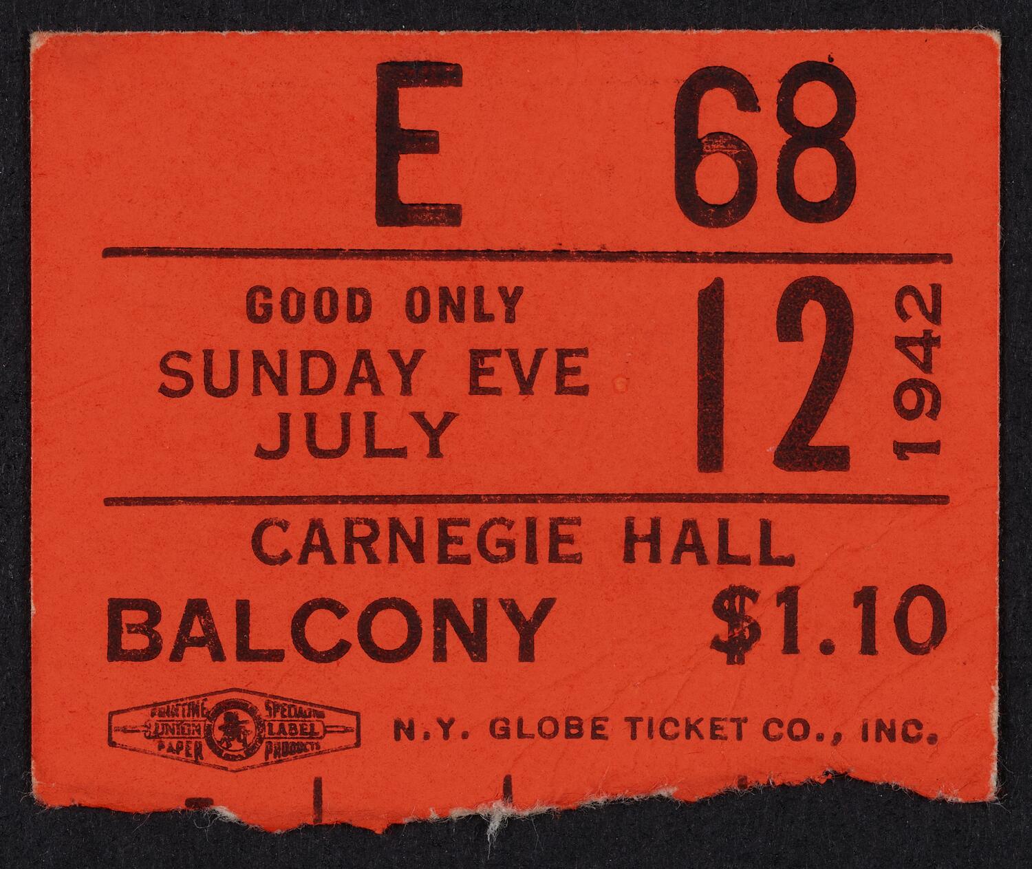 Ticket for Chocolate Soldier: Festival of Famous Musical Comedies, July 12, 1942 (front)