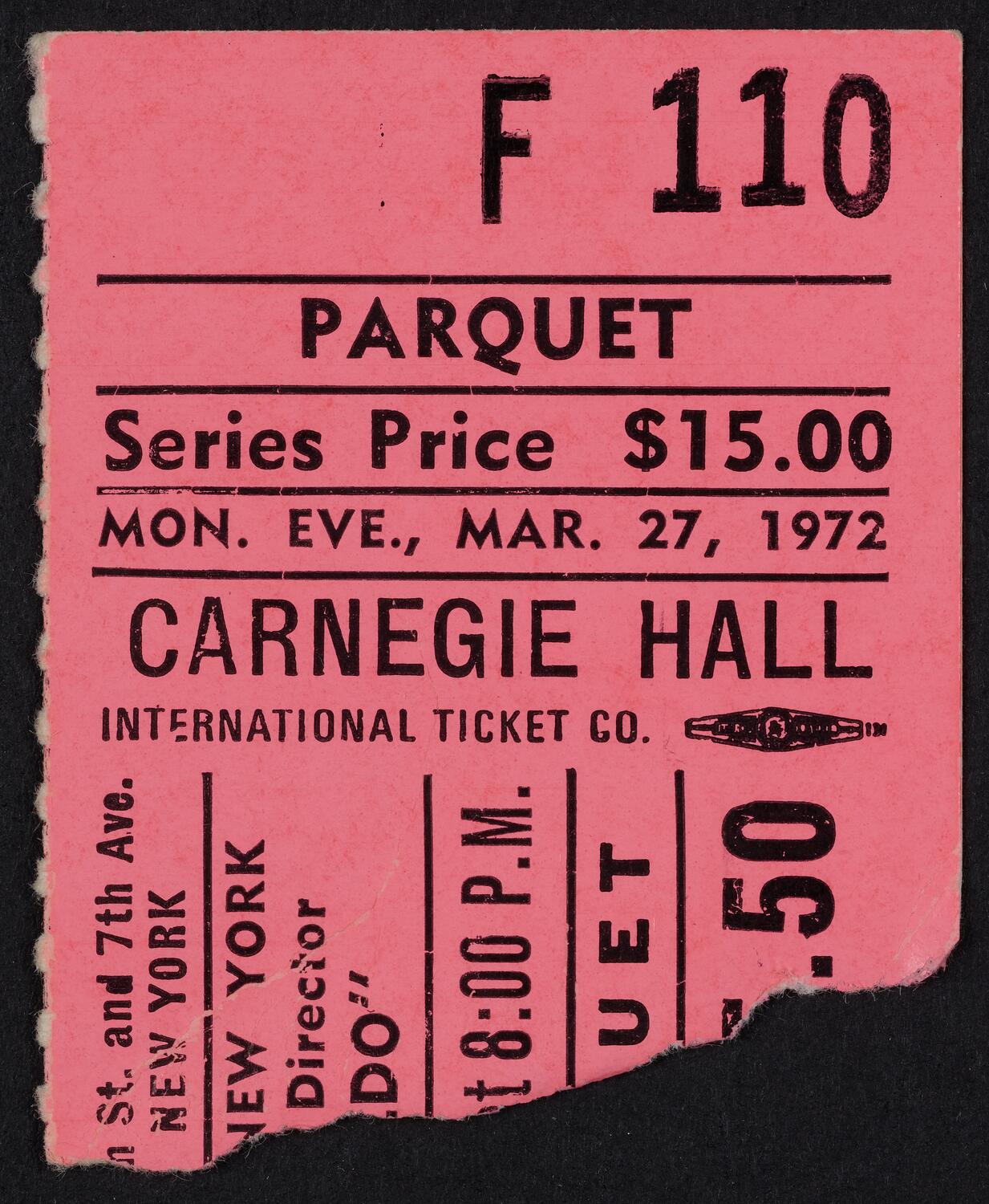 Ticket for Handel Society of New York, March 27, 1972 (front)