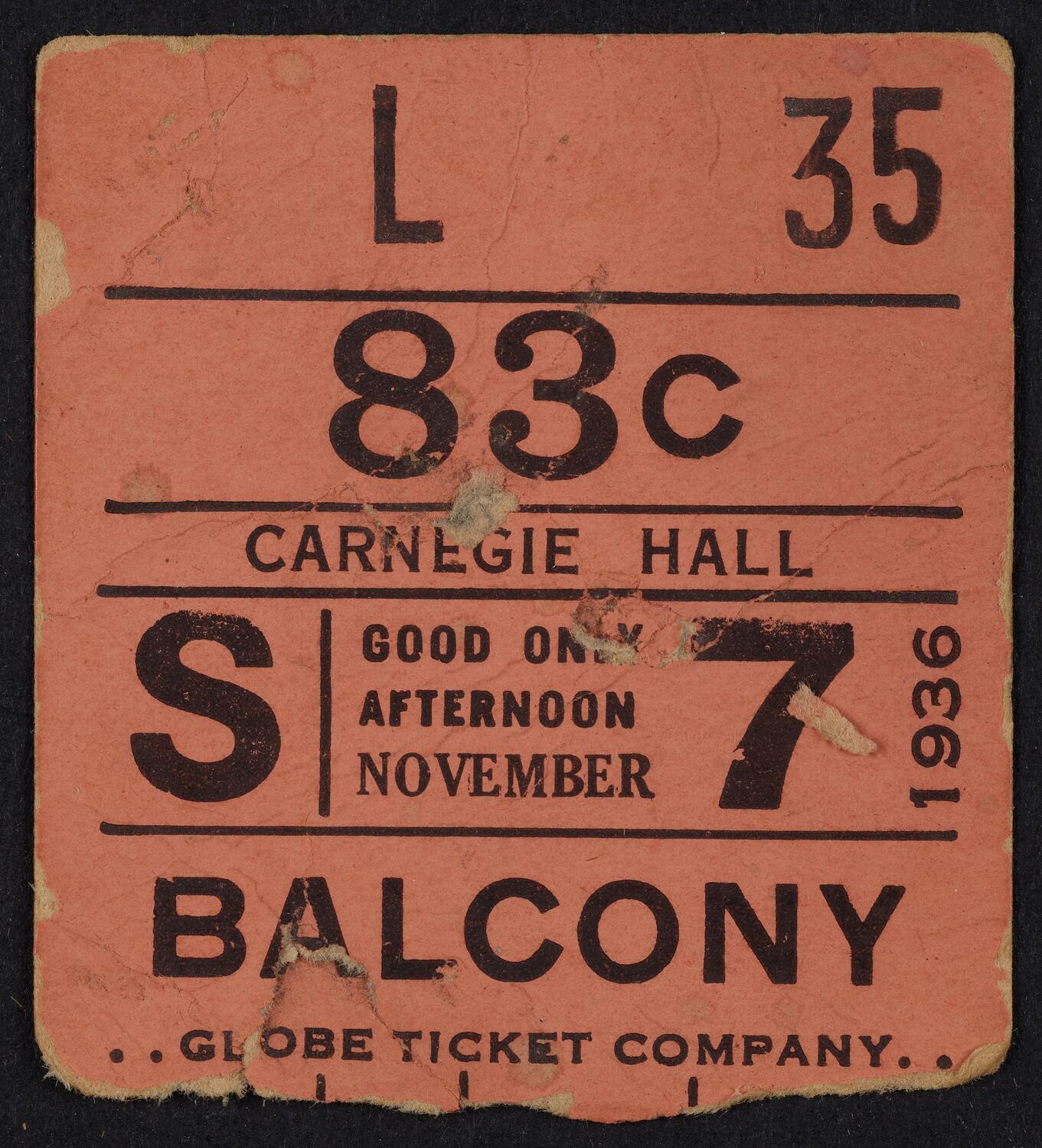 Ticket for Josef and Rosina Lhévinne, November 7, 1936 (front)