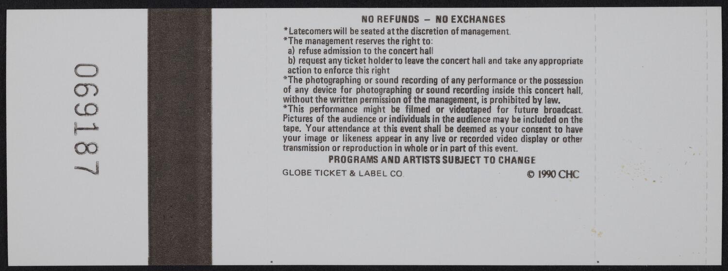 Ticket for the Gala Opening Night of the Centennial Season: Los Angeles Philharmonic, September 26, 1990 (back)