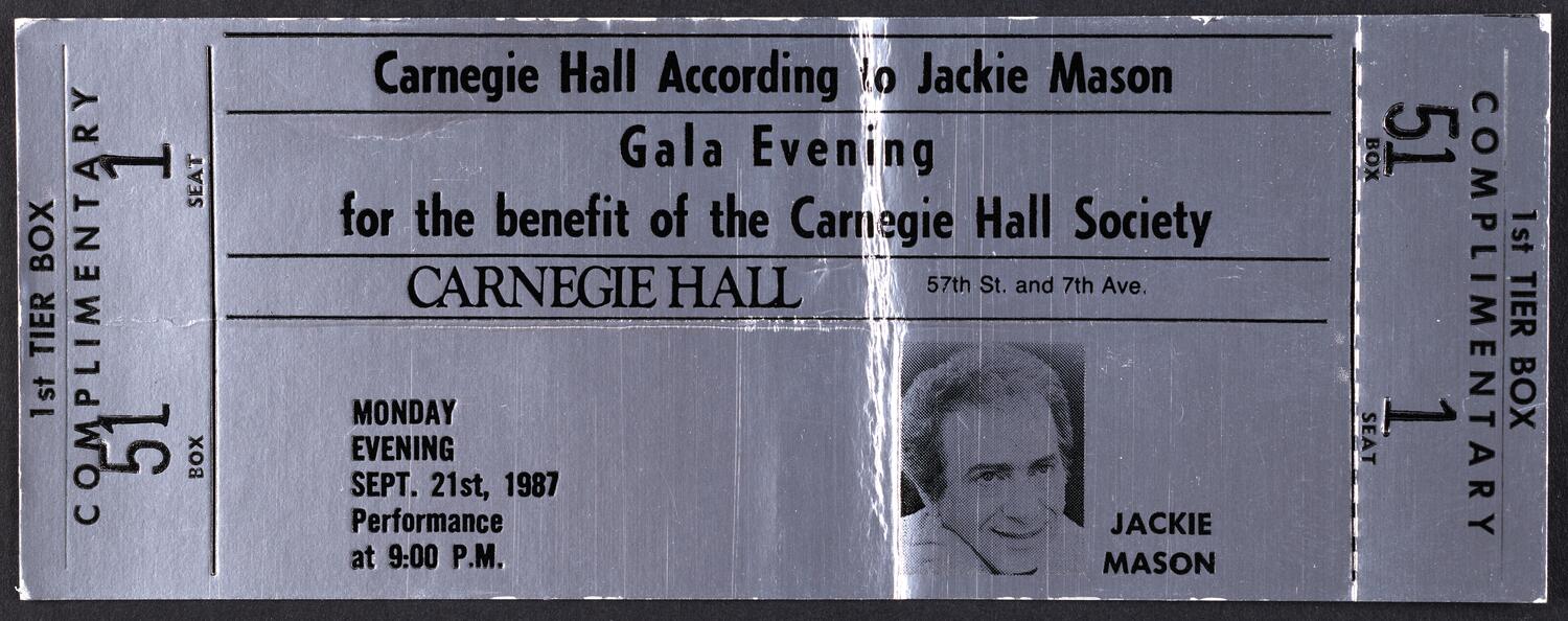 Ticket for Carnegie Hall According to Jackie Mason, September 21, 1987 (front)