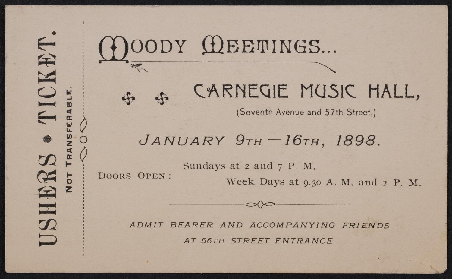 Ticket for Moody Meetings, January 9-16, 1898 (front)