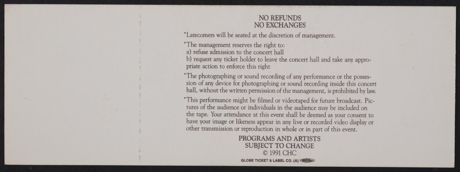 Ticket for the Carnegie Hall Centennial Gala, May 5, 1991 (back)