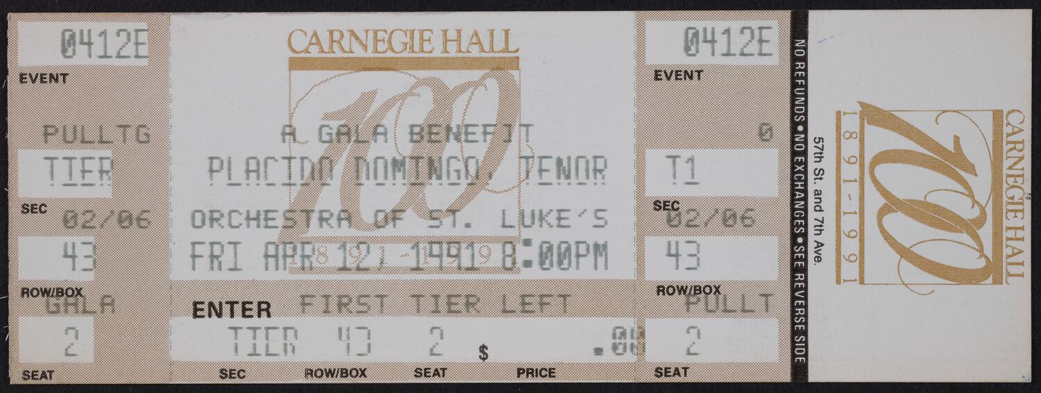 Ticket for A Gala Event: Plácido Domingo and Orchestra of St. Luke's, April 12, 1991 (front)