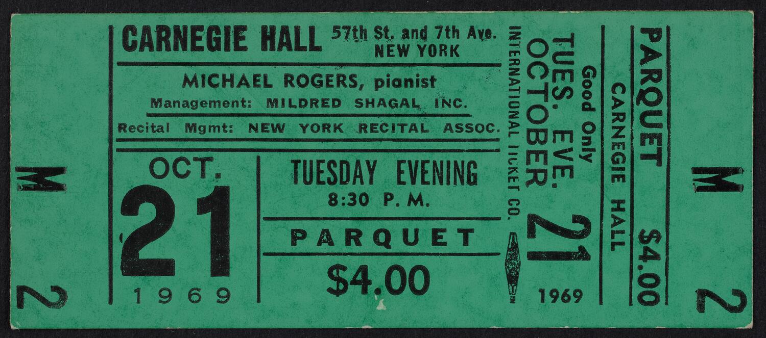 Ticket to Michael Rogers, October 21, 1969 (front)
