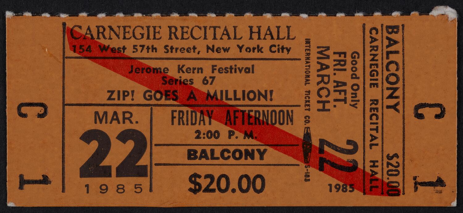 Ticket for Zip! Goes a Million!, March 22, 1985 (front)