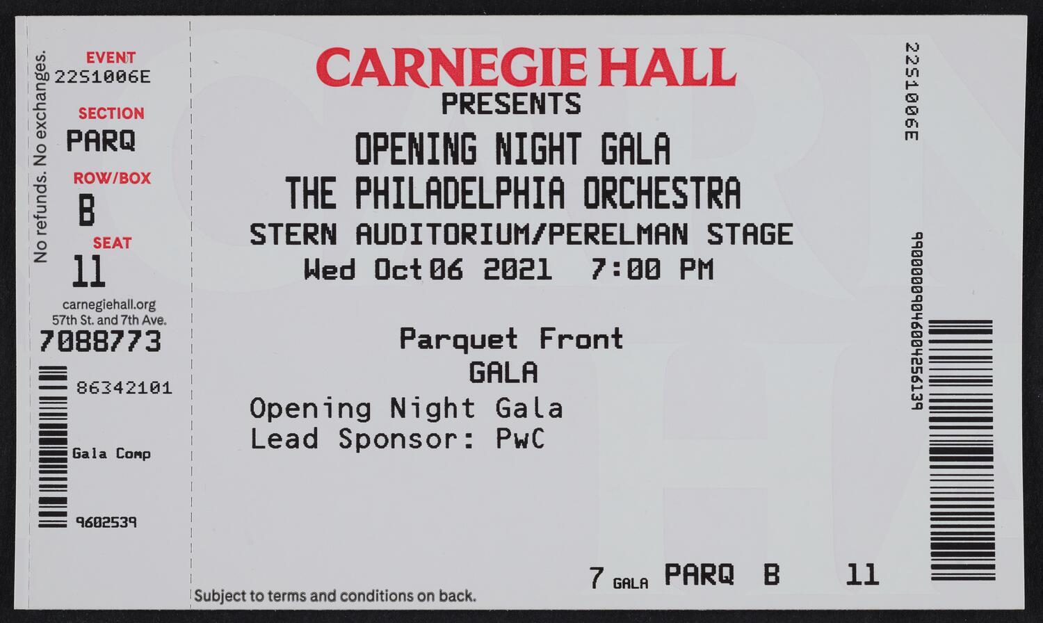 Ticket for Opening Night Gala: The Philadelphia Orchestra, October 6, 2021 (front)